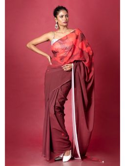 Boveee - Women Red Georgette Printed Saree Without Blouse