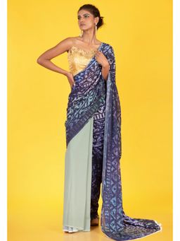 Boveee - Women Blue Georgette Geometric Printed Saree Without Blouse