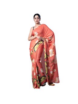 Boveee - Women Orange Satin Floral Printed Saree Without Blouse