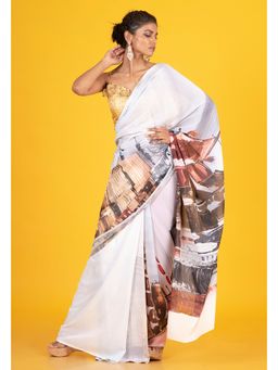 Boveee - Women Off White Georgette Printed Saree Without Blouse