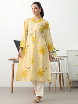 Gerua By Libas - Yellow Floral Printed A-Line Kurta