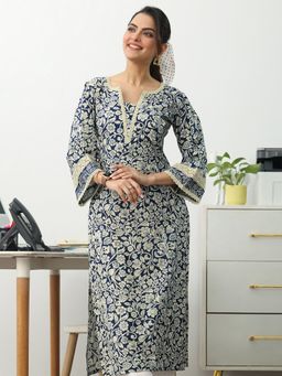 Gerua By Libas - Blue Floral Printed Straight Kurta