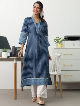 Gerua By Libas - Blue Striped Printed A-Line Kurta