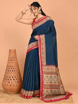 Hella Fashions - Solid Cotton Viscose Saree with Unstitched Blouse