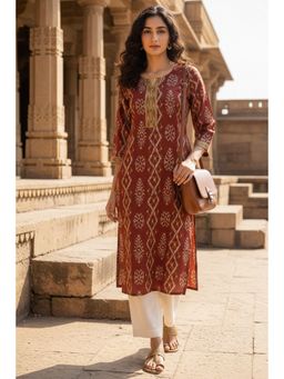 Rajnandini - Women's Brown Cotton Jaipuri Printed Kurta