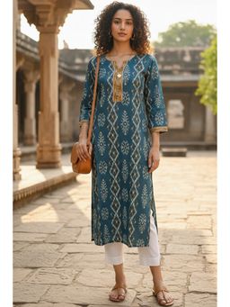 Rajnandini - Women's Teal Cotton Jaipuri Printed Kurta