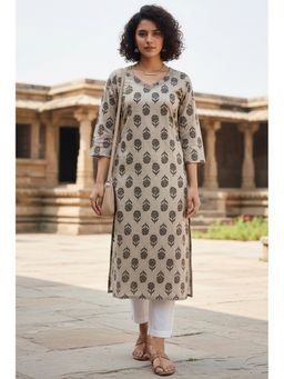 Rajnandini - Women's Beige Cotton Jaipuri Printed Kurta