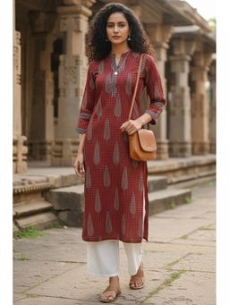 Rajnandini - Women's Maroon Cotton Jaipuri Printed Kurta