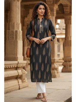 Rajnandini - Women's Black Cotton Jaipuri Printed Kurta