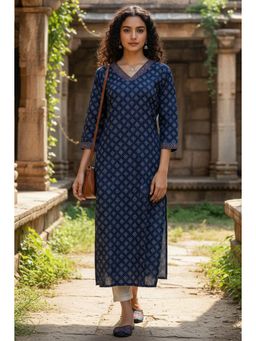 Rajnandini - Women's Blue Cotton Jaipuri Printed Kurta