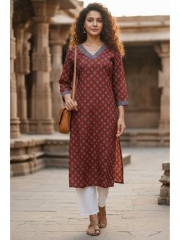 Rajnandini - Women's Maroon Cotton Jaipuri Printed Kurta