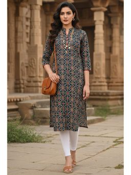 Rajnandini - Women's Navy Blue Pure Cambric Cotton Jaipuri Printed Kurta