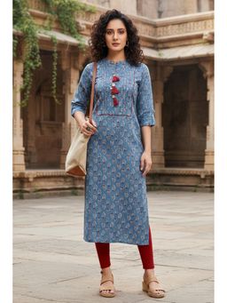 Rajnandini - Women's Blue Pure Cambric Cotton Jaipuri Block Printed Kurta