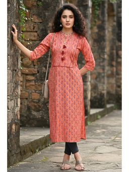 Rajnandini - Women's Orange Pure Cambric Cotton Jaipuri Block Printed Kurta
