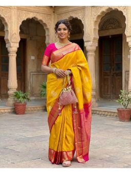 AMRUTKALA SAREES - Yellow Designer Banarasi Silk Kanjivaram Saree with Unstitched Blouse