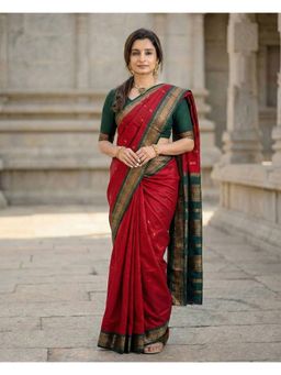 AMRUTKALA SAREES - Women Red Designer Banarasi Silk Kanjivaram Saree with Unstitched Blouse