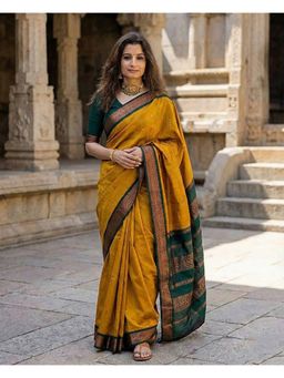 AMRUTKALA SAREES - Women'S Yellow Designer Banarasi Silk Kanjivaram Saree with Unstitched Blouse