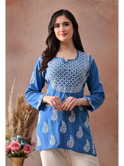 SYRISH - Blue Hand-Embroidered Chikankari Rayon Short Kurti