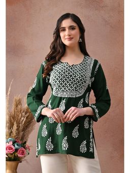 SYRISH - Green Hand-Embroidered Chikankari Rayon Short Kurti