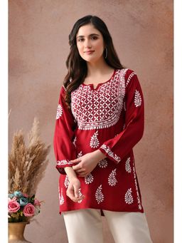 SYRISH - Maroon Hand-Embroidered Chikankari Rayon Short Kurti