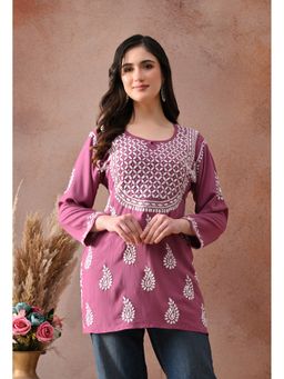 SYRISH - Onion Pink Hand-Embroidered Chikankari Rayon Short Kurti