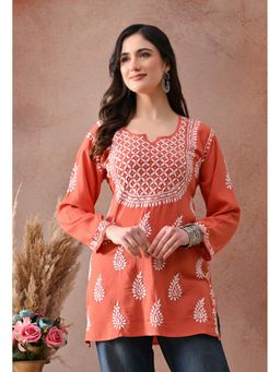 SYRISH - Orange Hand-Embroidered Chikankari Rayon Short Kurti