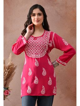 SYRISH - Pink Hand-Embroidered Chikankari Rayon Short Kurti