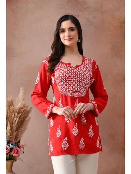 SYRISH - Red Hand-Embroidered Chikankari Rayon Short Kurti