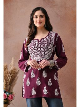 SYRISH - Wine Hand-Embroidered Chikankari Rayon Short Kurti