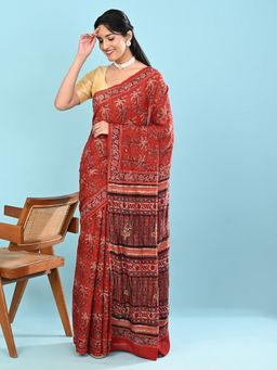 Ushvii - Red Ajrakh Saree with Unstitched Blouse