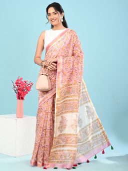 Ushvii - Lavendar Sanganeri Block Prints Saree with Unstitched Blouse