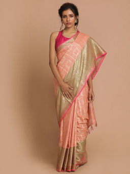 Indethnic - Banarasi Peach Woven Design Festive Wear Saree With Unstitched Blouse