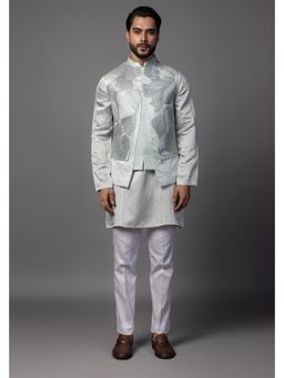 PAARSH - Men Blue Petals Kurta With Pant And Nehru Jacket