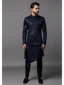PAARSH - Men Navy Blue Rustle Kurta With Pant And Coat