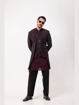 PAARSH - Men Maroon Kurta With Jacket And Waist Coat