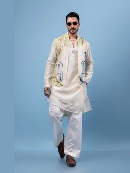 PAARSH - Men White Cherry Blossom Kurta With Nehru Jacket