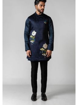 PAARSH - Men Navy Blue Lotus Pond Kurta With Nehru Jacket