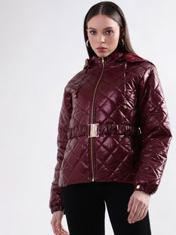 ELLE - Women Maroon Solid Hooded Quilted Jacket with Belt (Set of 2)