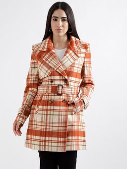 ELLE - Women Rust Checked Double Overcoat with Belt (Set of 2)
