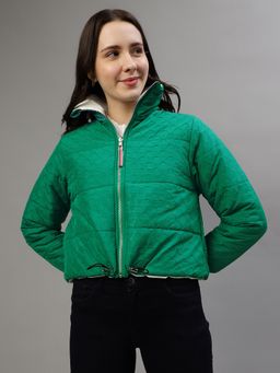 ELLE - Women Green Self-Design Stand Collar Reversible Jacket
