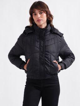 ELLE - Women Black Solid Detachable Hood Puffer Jacket