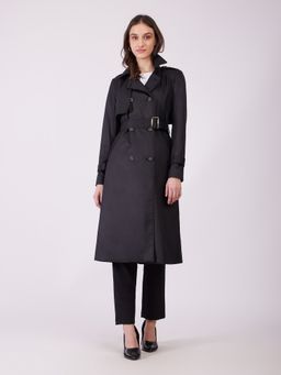 FableStreet - Black Double Trench Coat with Belt (Set of 2)