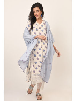 Naina Arunima - Lavender Cotton Textured Petunia Block Printed Kurta (Set of 3)