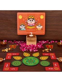 Indigifts - Laxmi Ganesh Diya Stand with Diya & Red Diwali Rangoli (Set of 15)