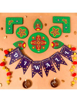 Indigifts - Happy Diwali Toran with Green Rearrangeable Diwali Rangoli (Set of 15)