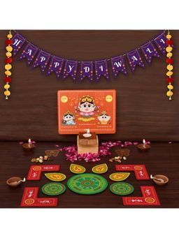 Indigifts - Happy Diwali Toran & Laxmi Ganesh Diya Stand with Rangoli (Set of 16)