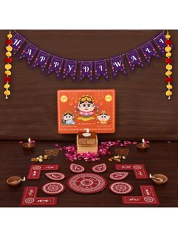 Indigifts - Happy Diwali Toran & Laxmi Ganesh Diya Stand with Maroon Rangoli (Set of 16)