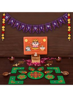 Indigifts - Happy Diwali Toran & Laxmi Ganesh Diya Stand with Green Rangoli (Set of 16)