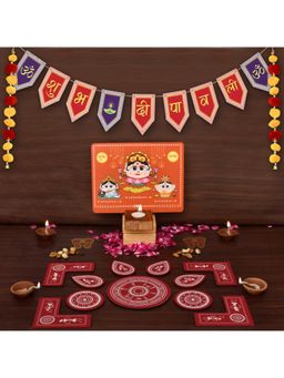 Indigifts - Shubh Diwali Toran & Laxmi Ganesh Diya Stand with Maroon Rangoli (Set of 16)