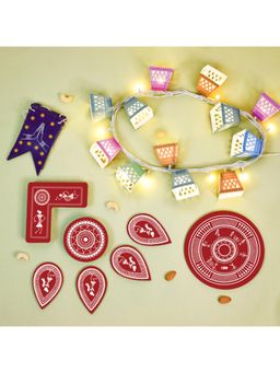 Indigifts - Happy Diwali Toran with Hanging Lights and Maroon Rearrangeable Rangoli (Set of 15)